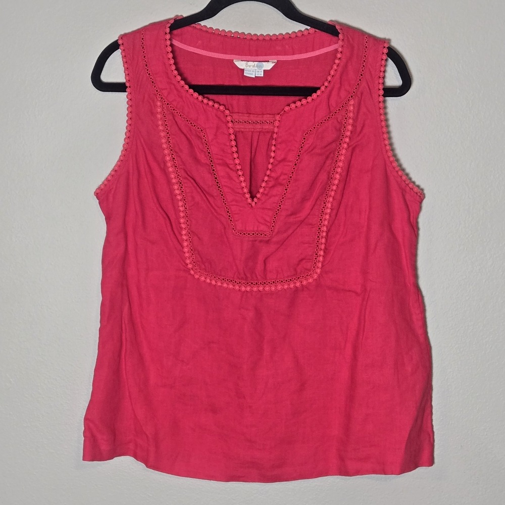 Boden Sleeveless 100% Linen Tank Top Blouse Pink Broderie Trim US 10 Dainty